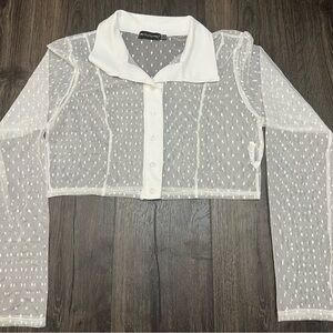 PLT White Cropped Blouse Button-Up Long Sleeve Romantic Sheer Mesh Girly Size L